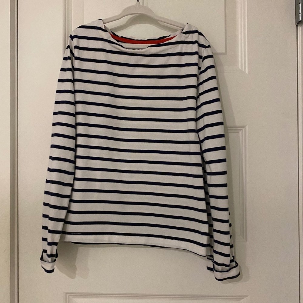 Mini Boden Navy Stripe Breton Long Sleeved Shirt, Girls Size 7-8
